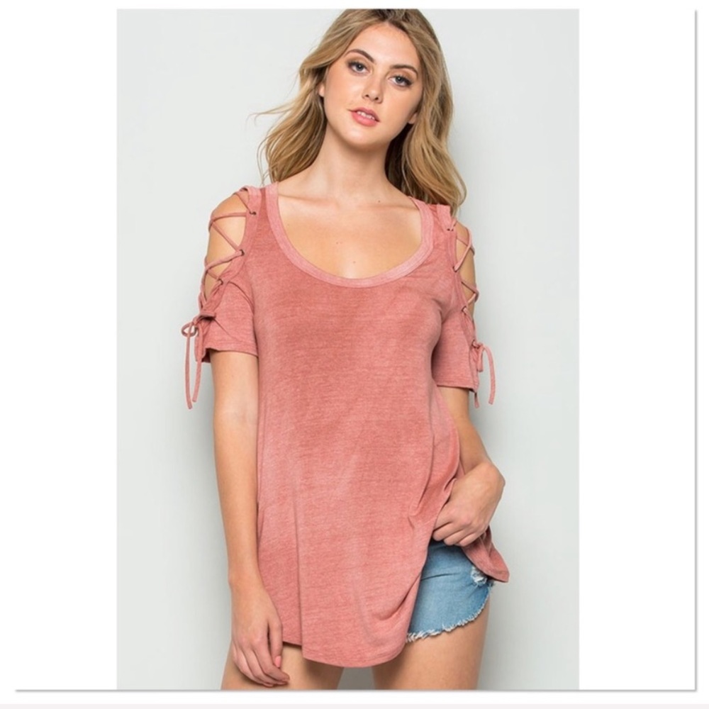 Coral Rose Grommet Lace Up Top - Picture 5 of 7